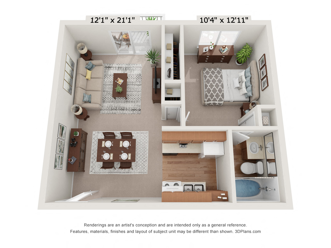Floor plan for 1 bed, 1 bath, 616 sqft